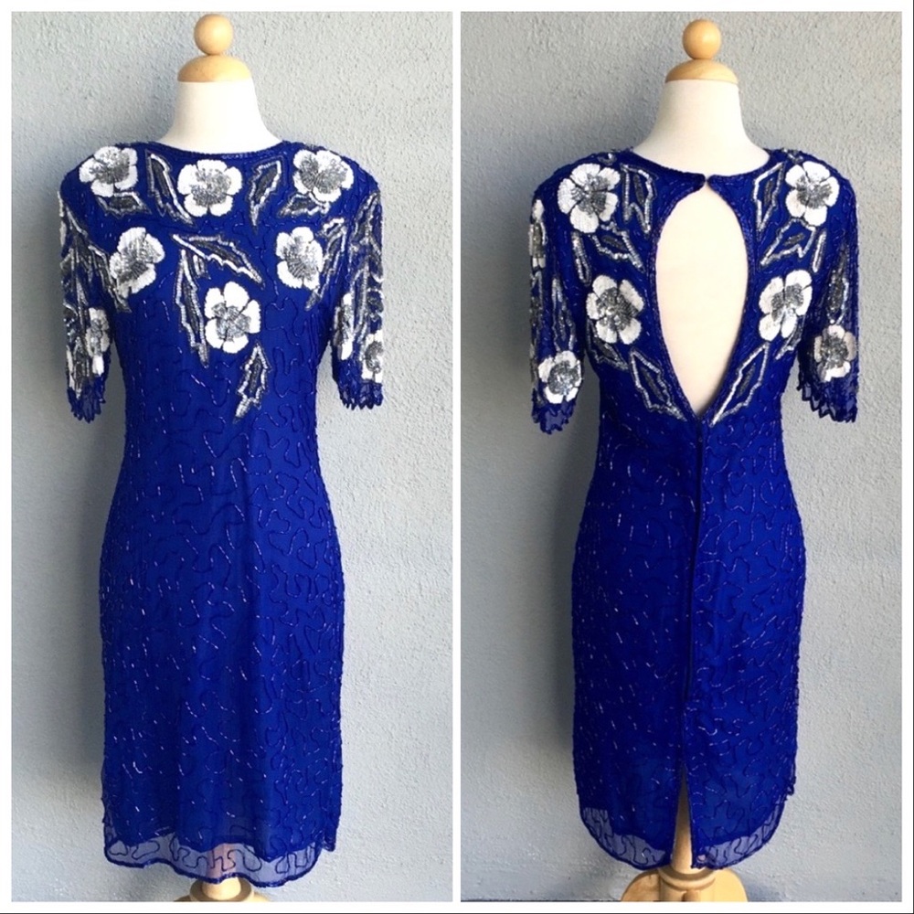 GOLD STAR Royal Blue Vintage Beaded Dress Size M